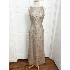 Dessy Collection Elle Rose Gold Strappy Sequined Low Back Long Gown Dress 10